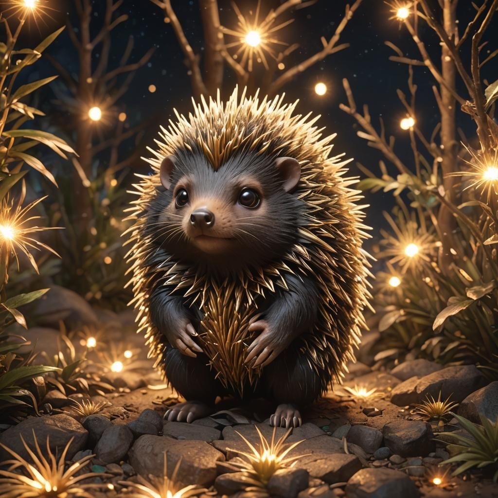 Glowing Chibi Porcupine in Enchanted Forest