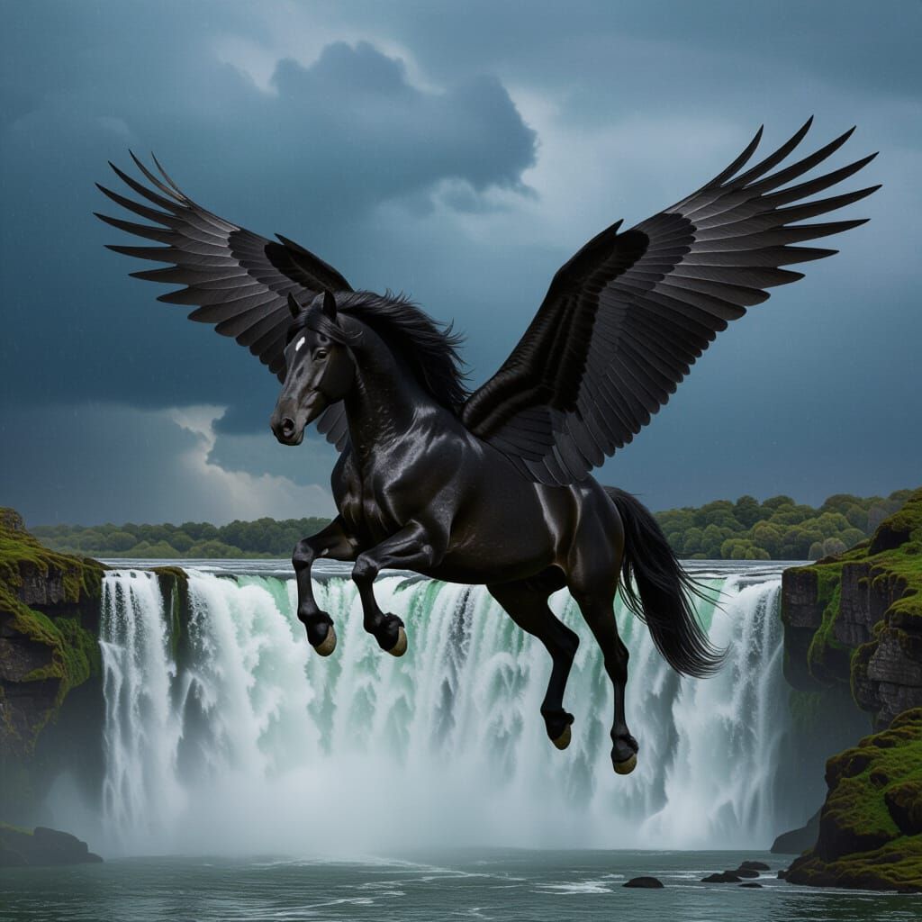 Mythical Winged Black Horse Flies Over Waterfall in Stormy S...
