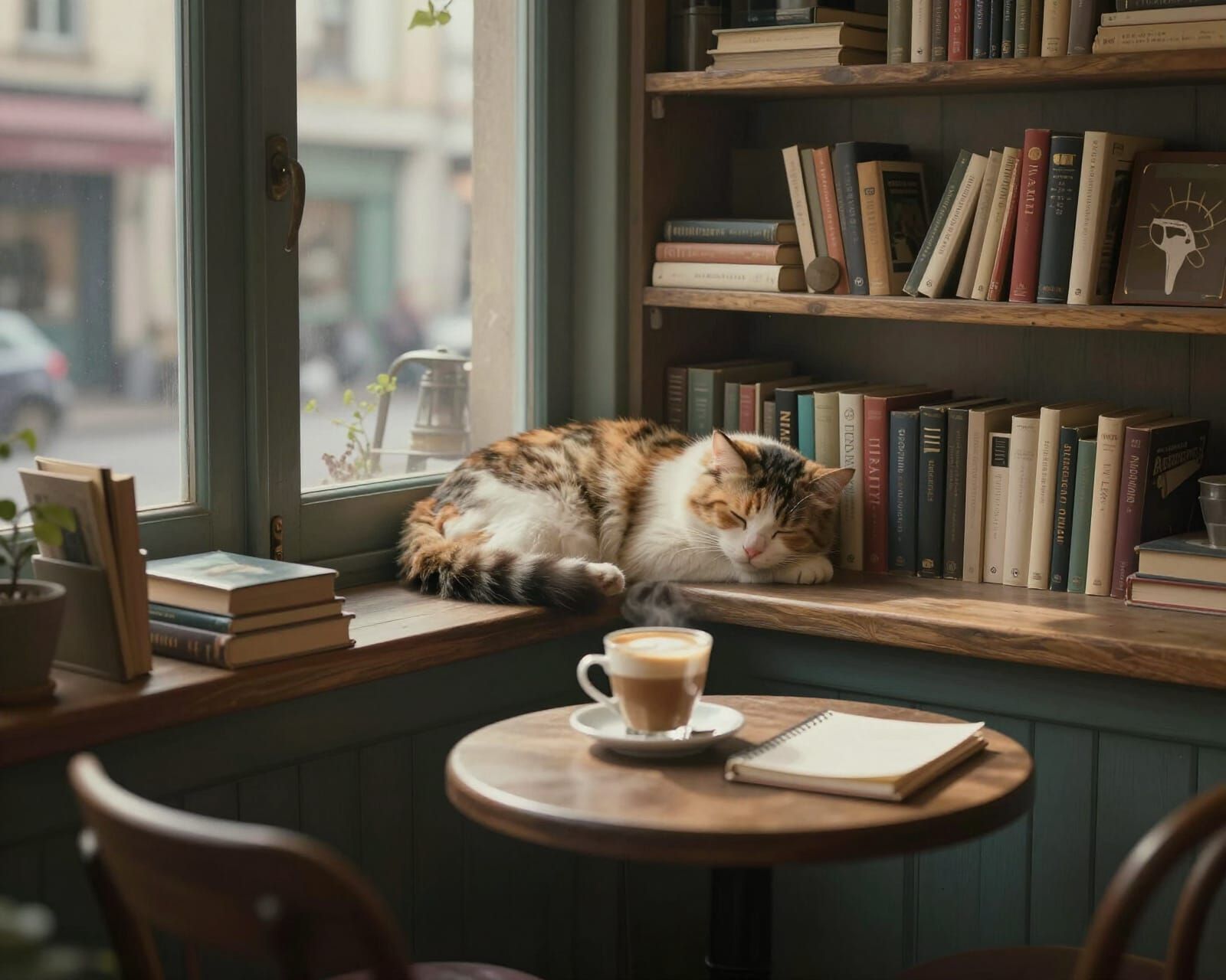 Cozy Bookshop Cafe with Sleeping Cat in Soft Light