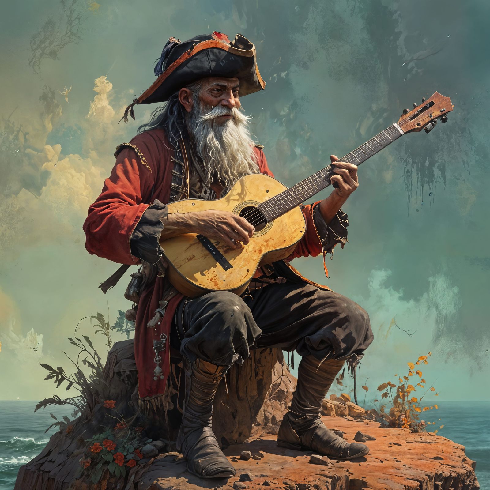 Whimsical Pirate Wizard with Duende, Impressionist Oil Paint...