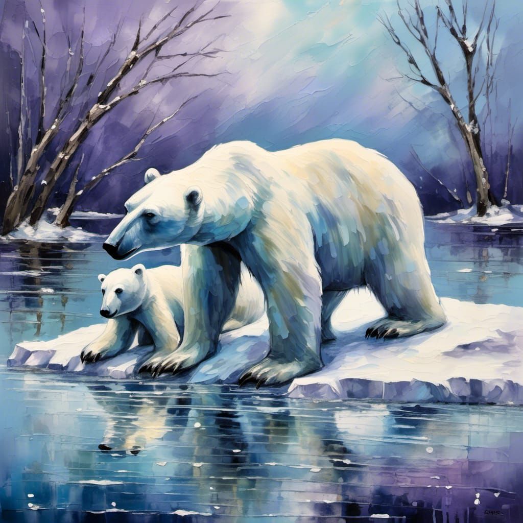 a heartwarming scene of a mama polar bear embracing her cub : snow covered ice float, blues, grays with lavender : water...