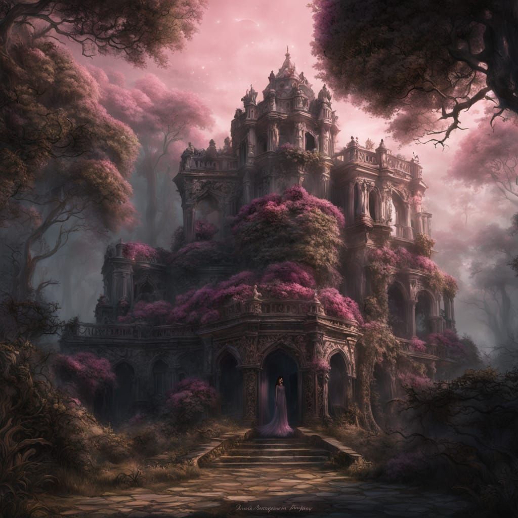 Ethereal Vampire in Pink Hobble Dress in Moonlit Setting