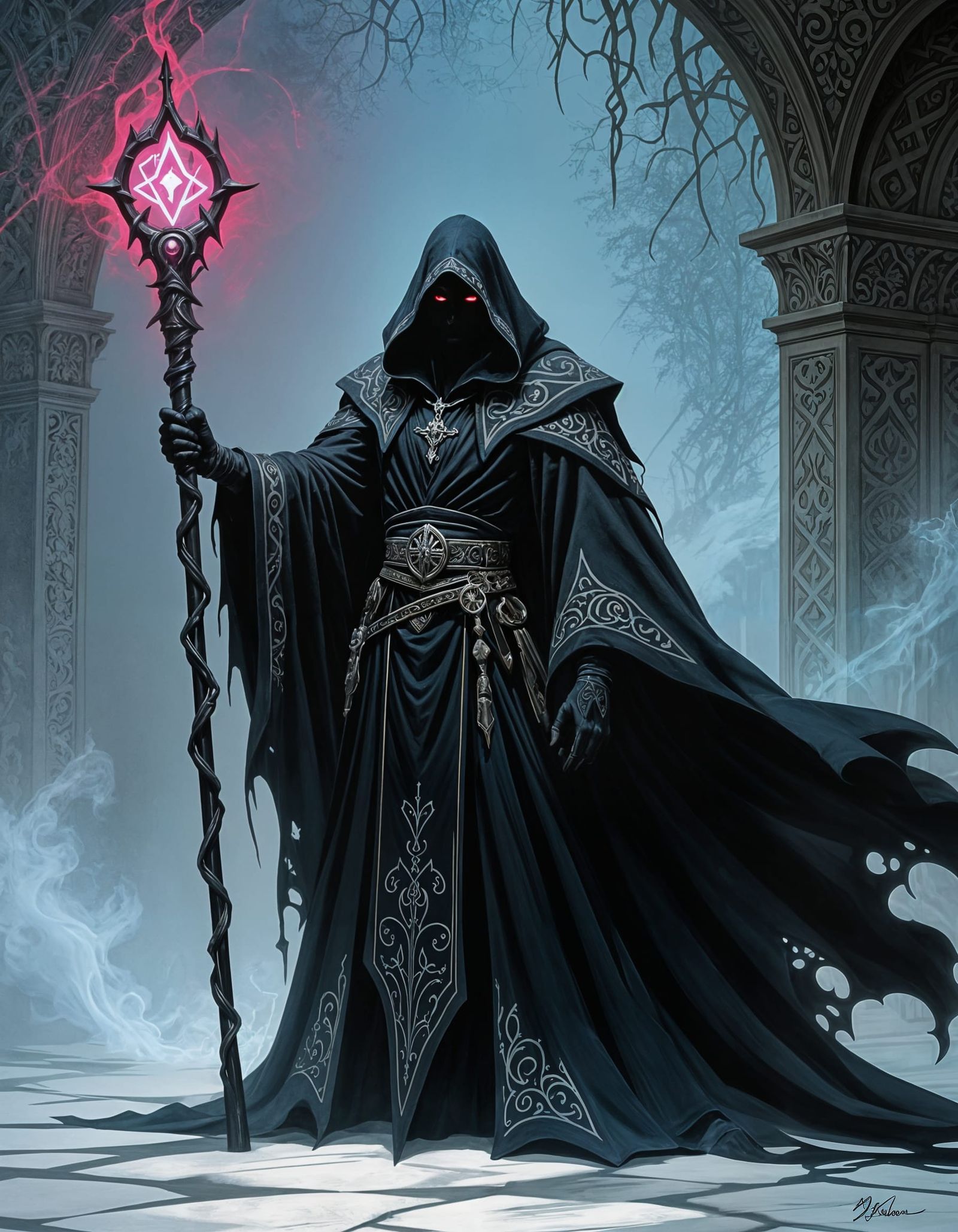 Vampire Necromancer Mage with Staff in Black Robe