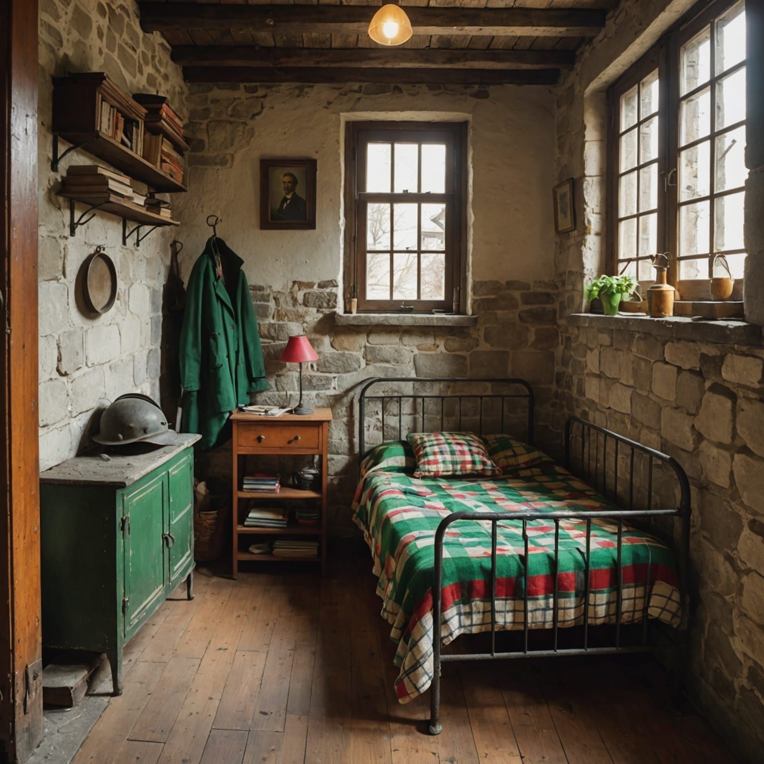 Cozy Room with Checkered Blanket in Autumn Landscape