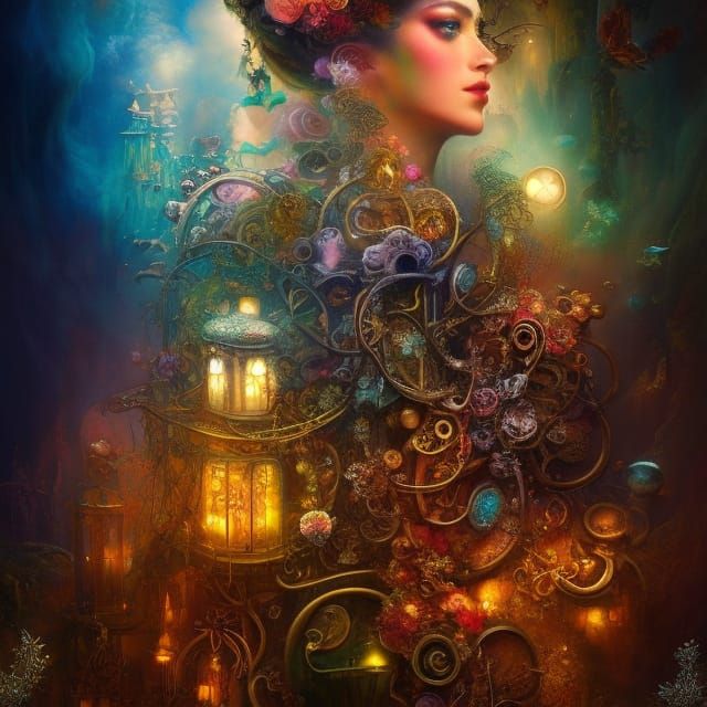 Steampunk Princess with Intricate Floral Winds: Hyperdetaile...