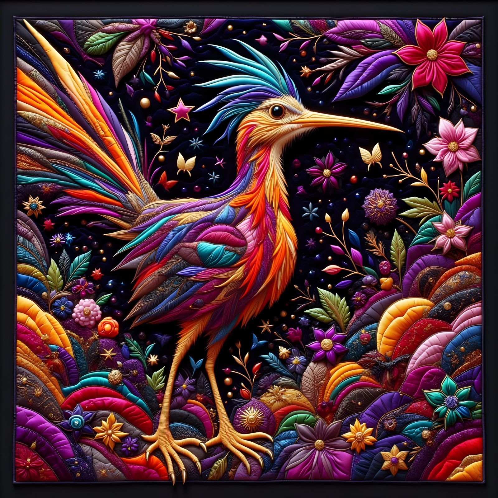 Roadrunner Bird in Crazy Quilt Style at Night