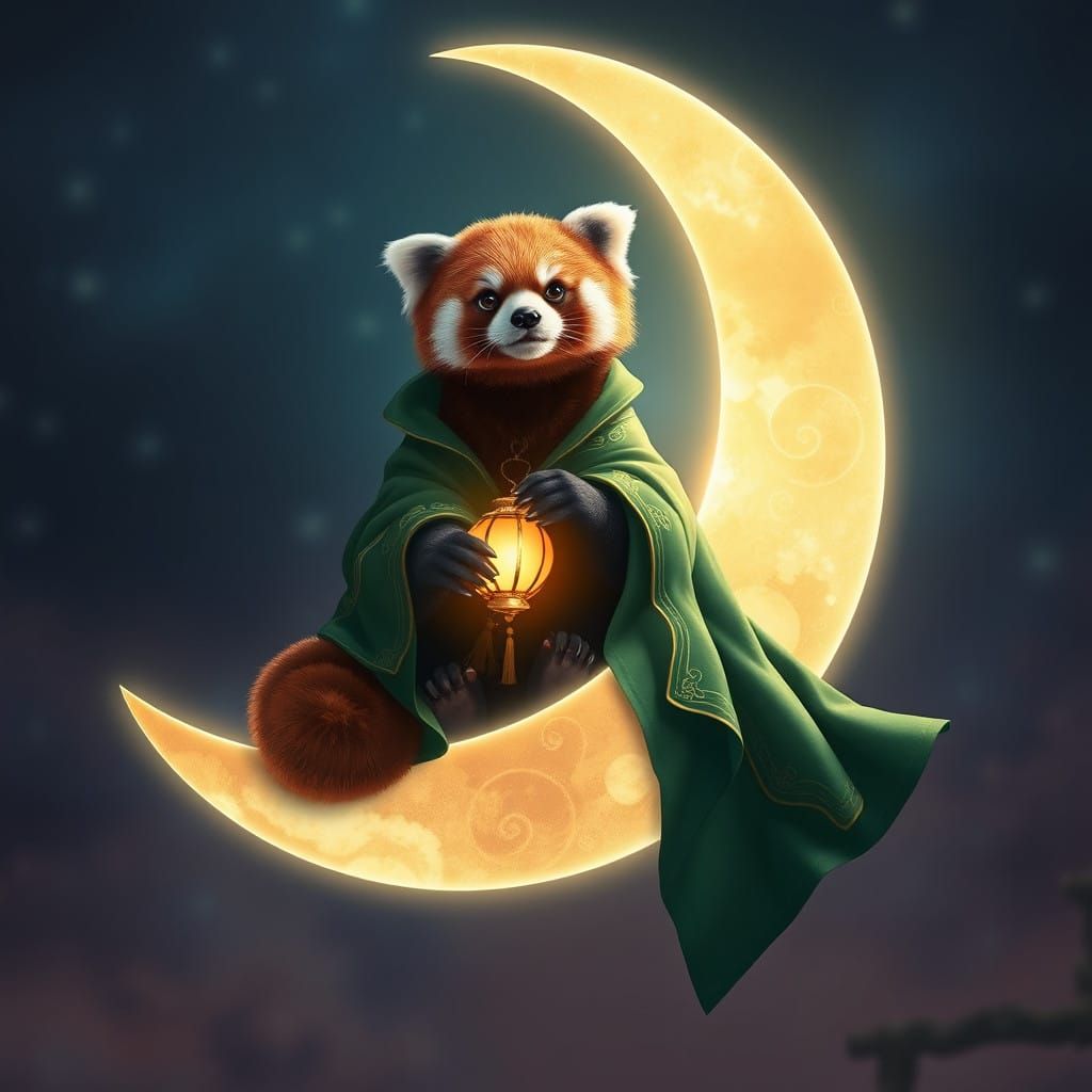 Red Panda on Crescent Moon in Ethereal Glow
