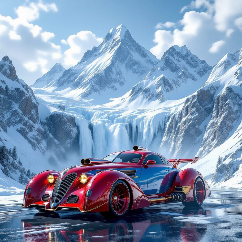 Epic Steampunk Car Before Snowy Mountains and Waterfall