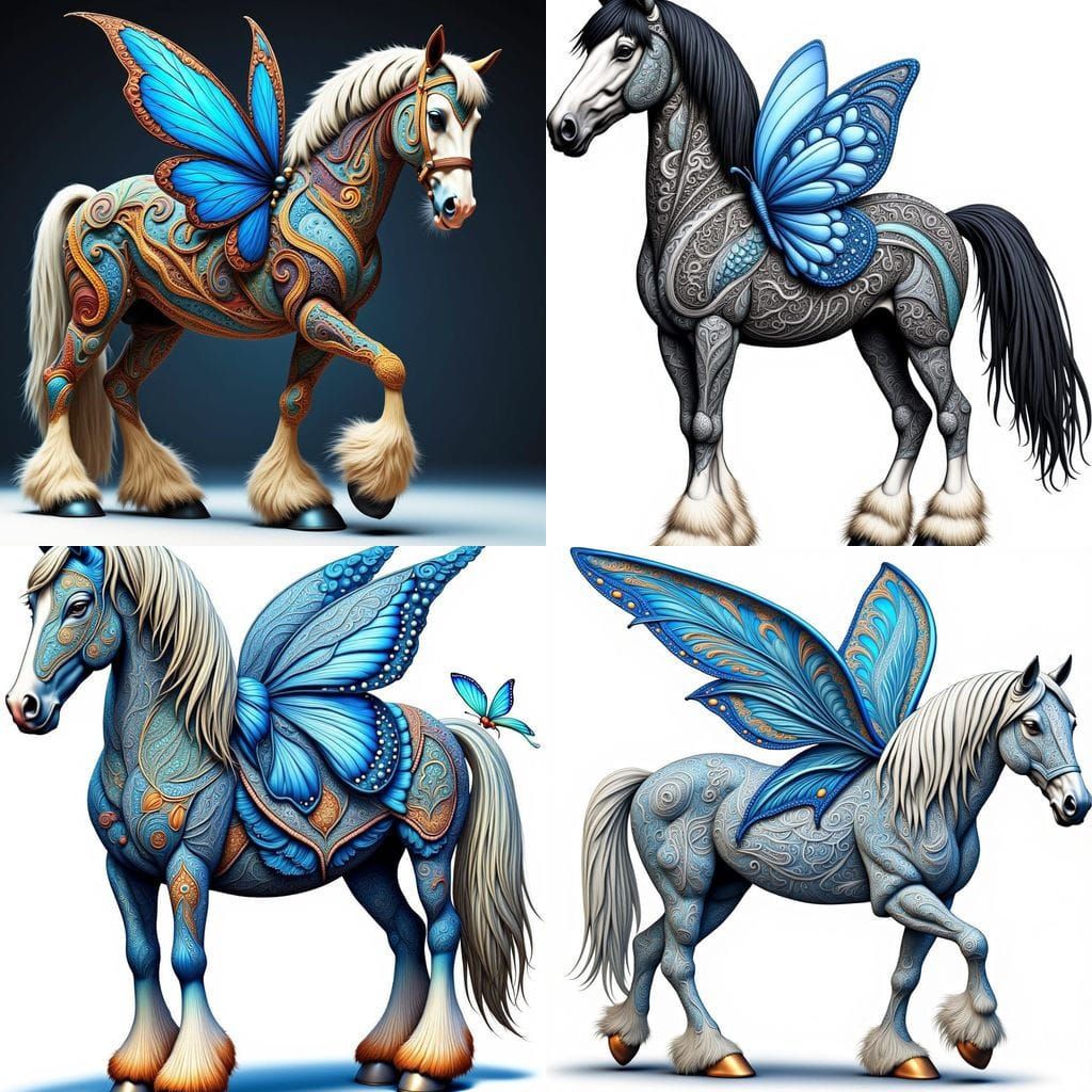 Majestic Clydesdale Horse with Blue Butterfly Wings in Zenta...