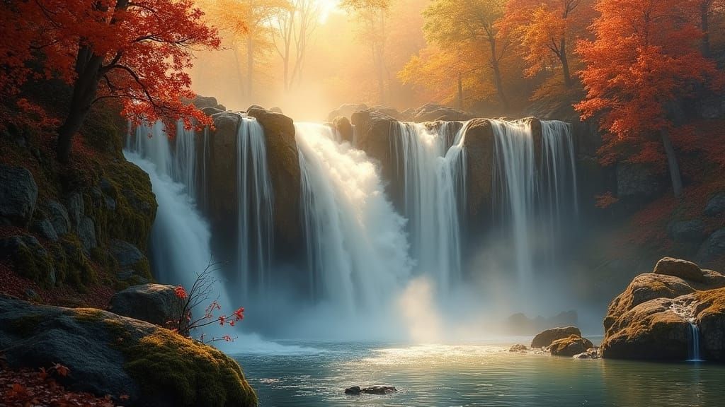 Majestic Autumn Waterfall in Ethereal Golden Light