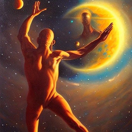 Faceless God Forms Planets: Oil Painting of Creation