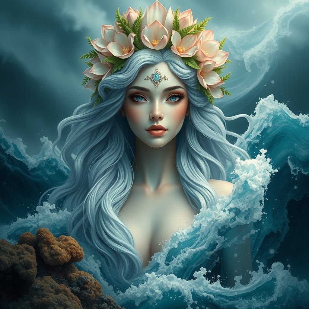 Ethereal Sea Goddess in Turbulent Ocean