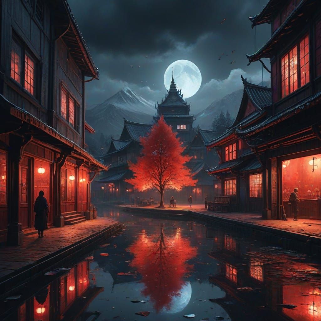 Epic Red Rhombus Cityscape at Christmas Night