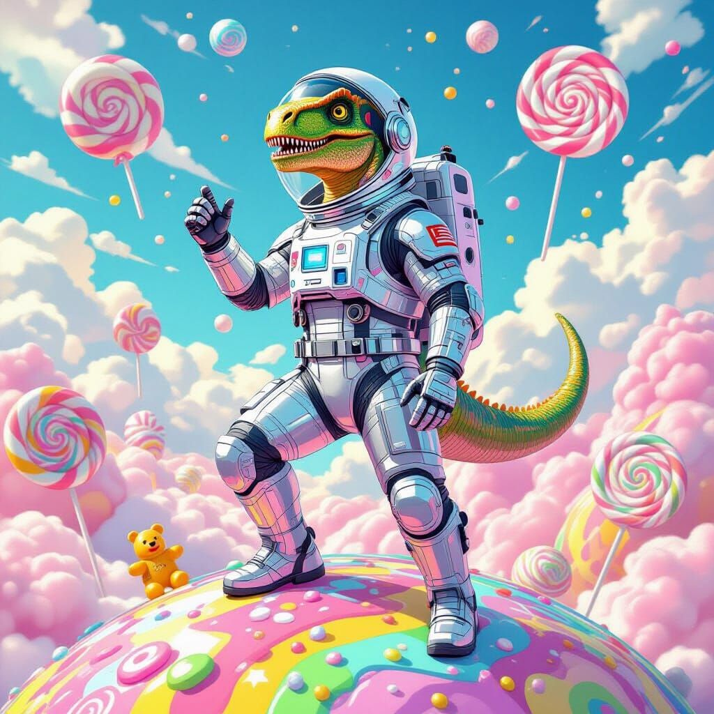Dinosaur in Spacesuit on Candy Planet