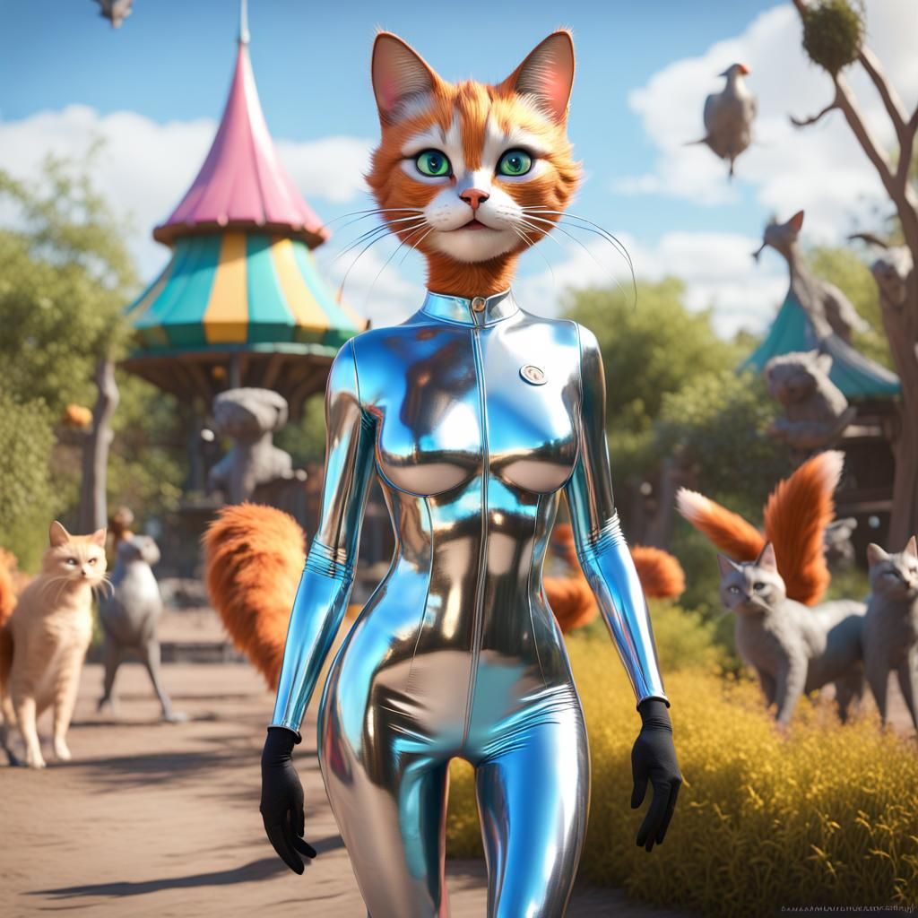 Chrome Cat Cosplay in a Colorful Zoo: 3D Digital Art