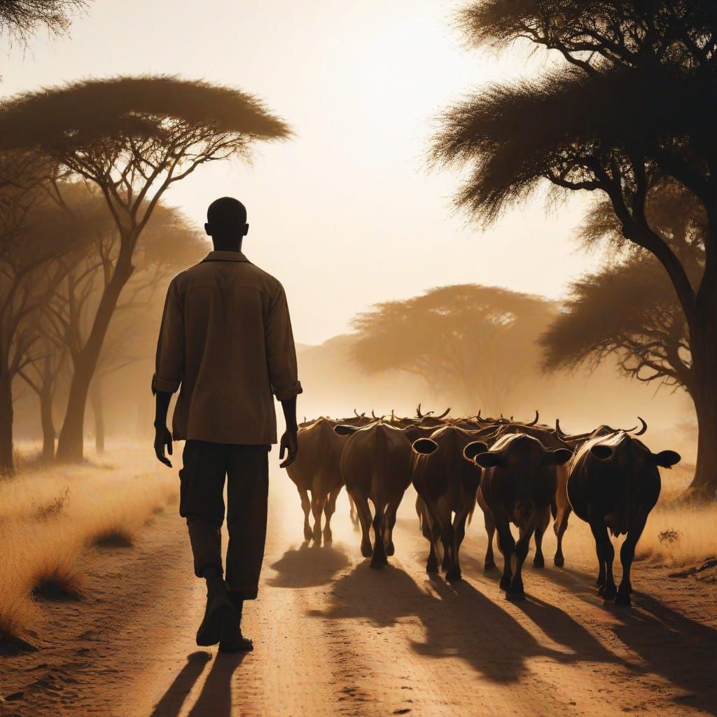 Young African Man Leads Cattle Down Winding Road at Sunset i...