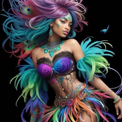 Rainbow Peacock Woman Portrait in Abstract Expressionism