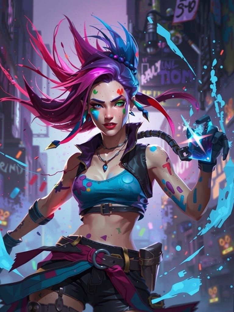 Jinx in a Vibrant, Rainy Alleyway with Twisted Metal and Cha...