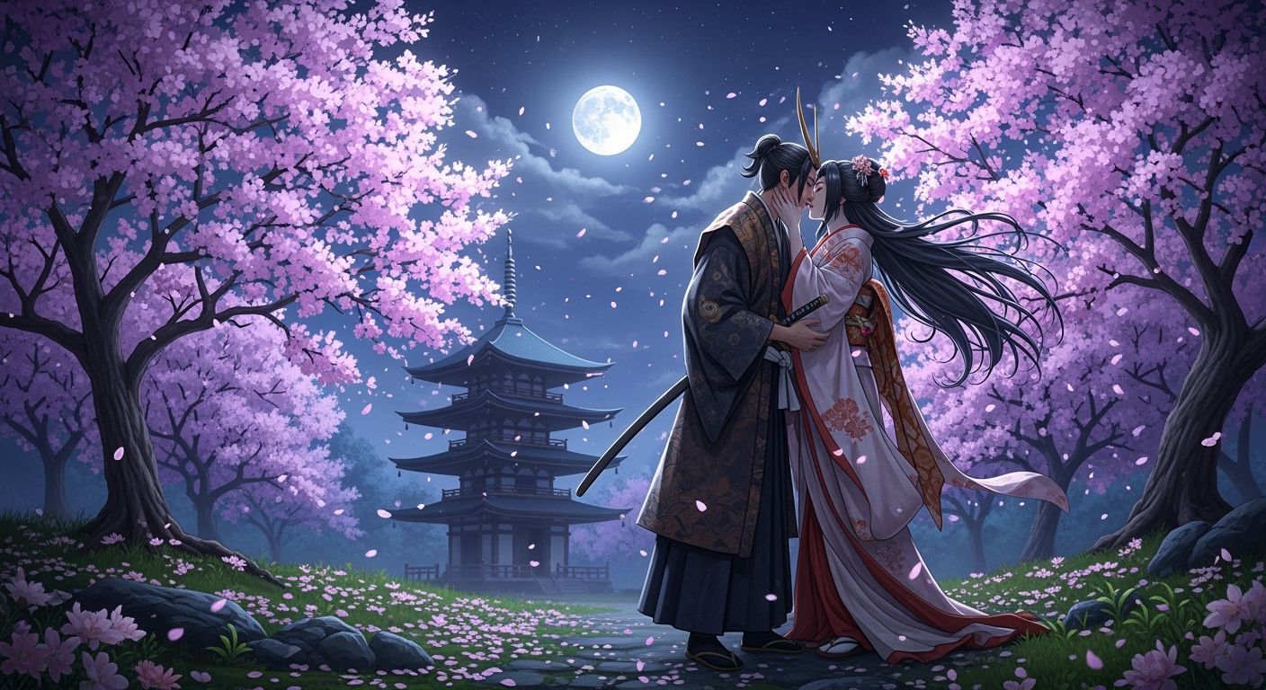 Romantic Samurai and Geisha Kiss Under Moonlight