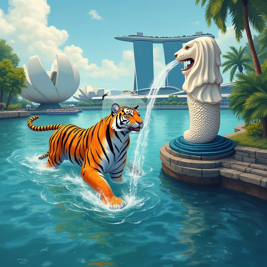 Tiger and Merlion Swim Together in Stunning Harmony
