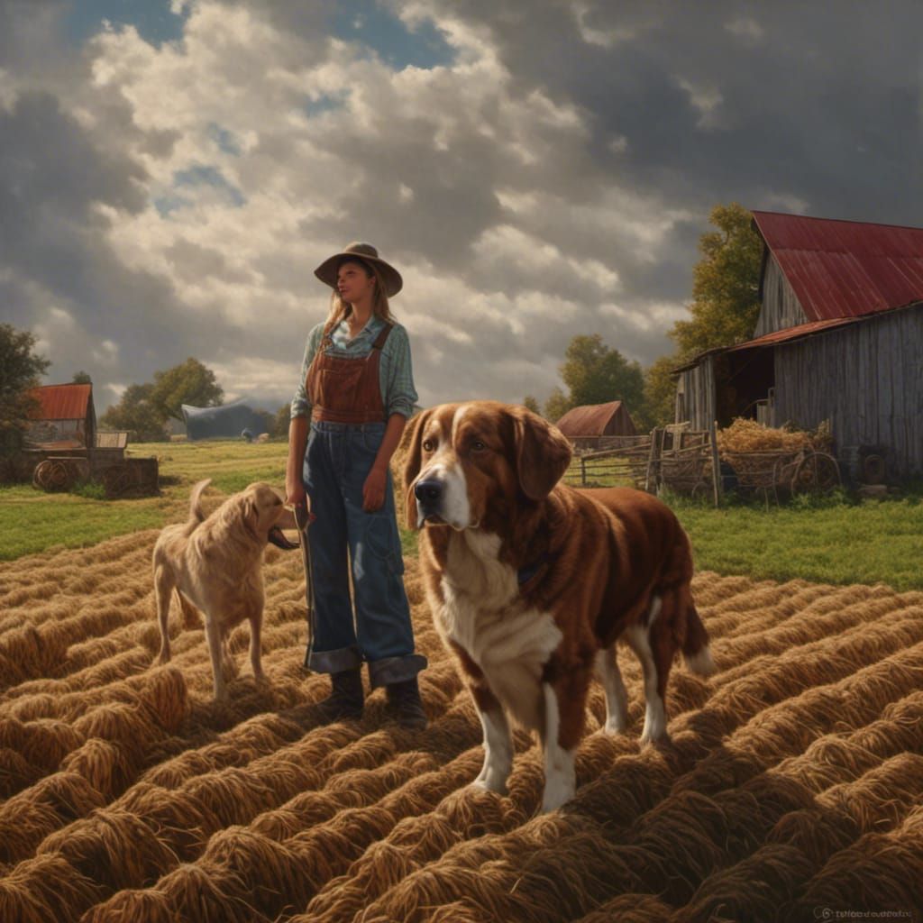 Kind Farm Girl and Her Dog in Hyperrealism