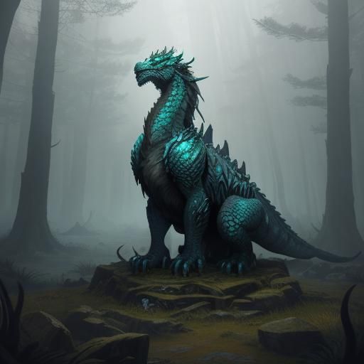Dragon-Wolf in Misty Ruins: Fantasy Concept Art