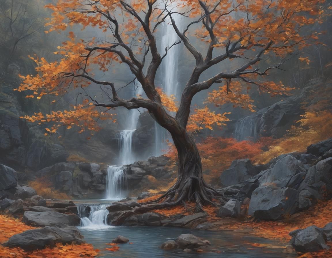 Fantasy Tree by Waterfall: Digital Gouache Painting