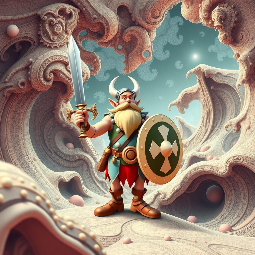 Asterix in Abstract Fractal Landscape, Digital Art