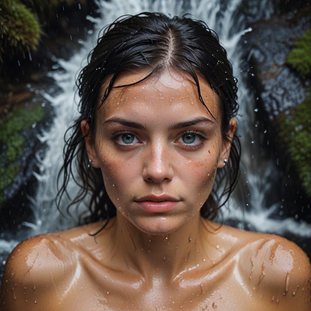 Macro Portrait of a Tattooed Woman in Waterfall Splash