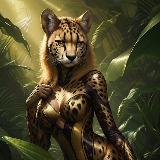 Lady Cheetah in Lush Jungle During Golden Hour