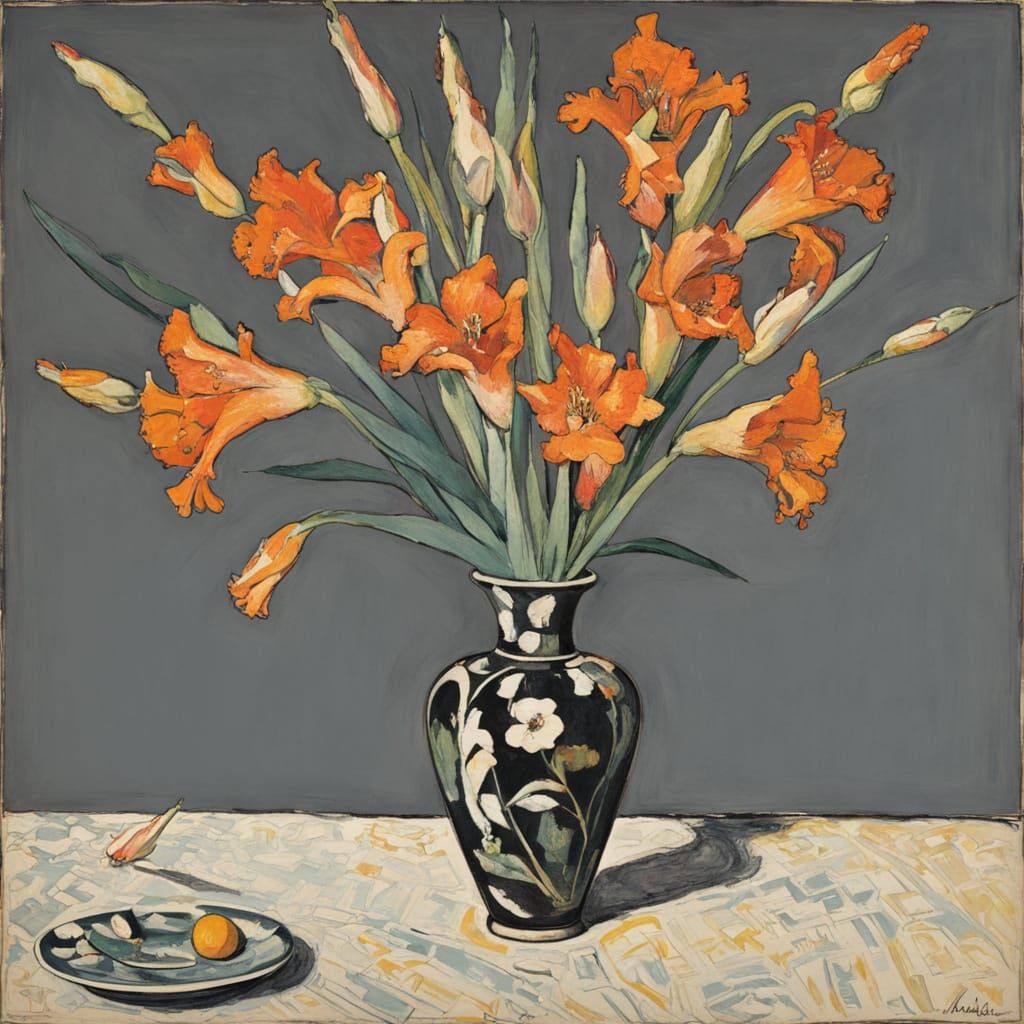Elegant Art Nouveau Still Life with Gladioli in a Geometric ...
