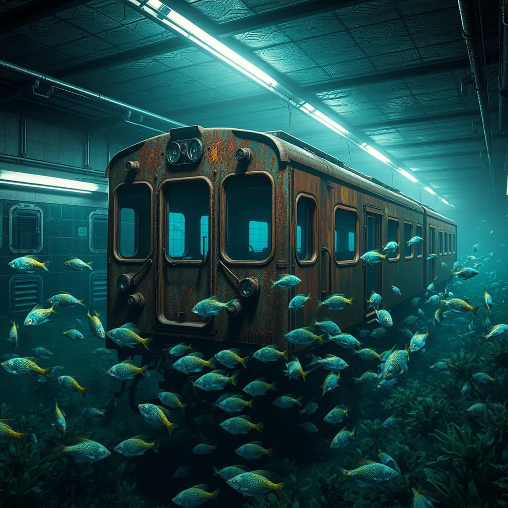 Surreal Underwater Subway Station in Cyberpunk Style