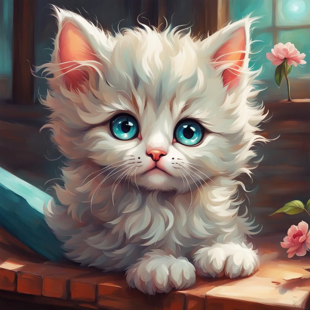 Adorable Kitten with Mesmerizing Eyes, Painting Style