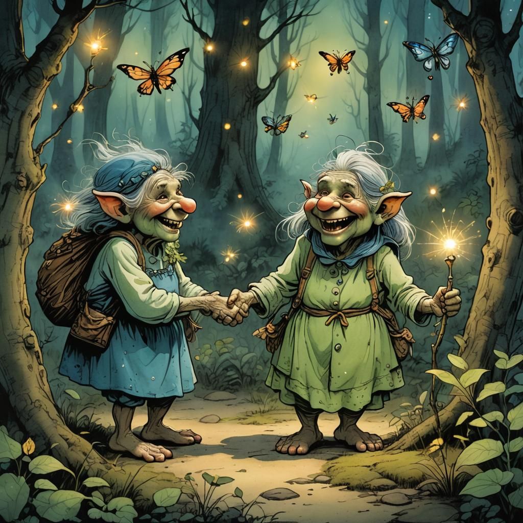 Charming Elderly Trolls Chasing Fireflies, Rackham Style