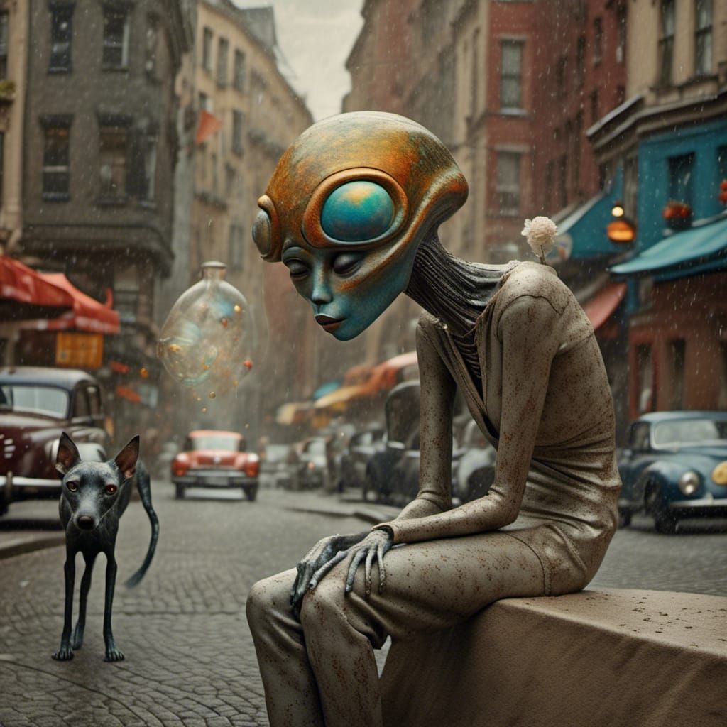 Polychromatic City Life with Alien Pets: Abstract Matte Pain...