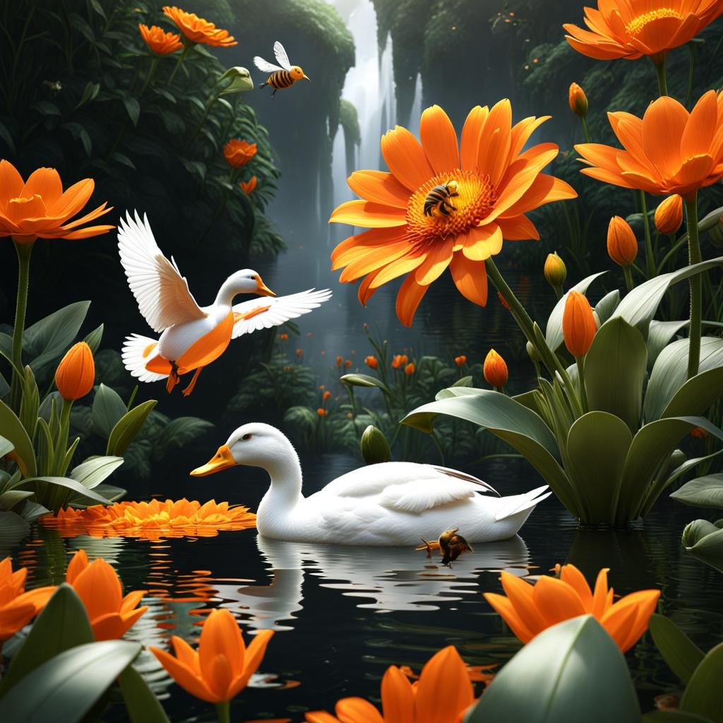 Bee, Duck, and Orange Flower: Fantasy Concept Art