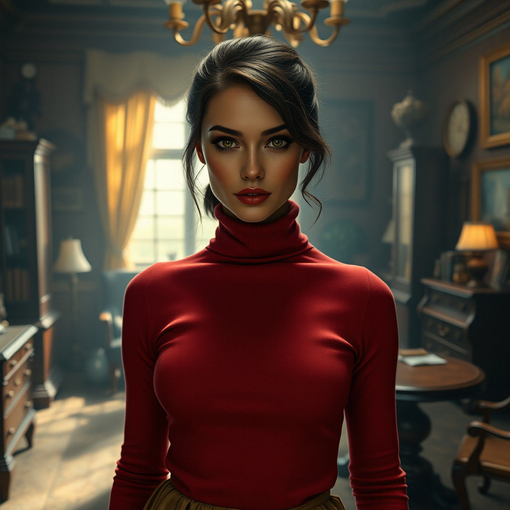 Woman in Turtleneck Sweater at Vintage Office