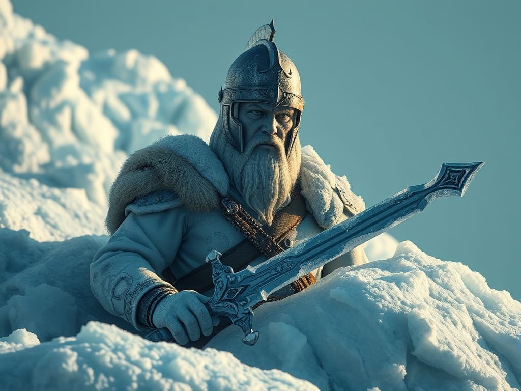 Epic Ice Warrior Emerge from Frosty Hummock in Hyper-Realist...