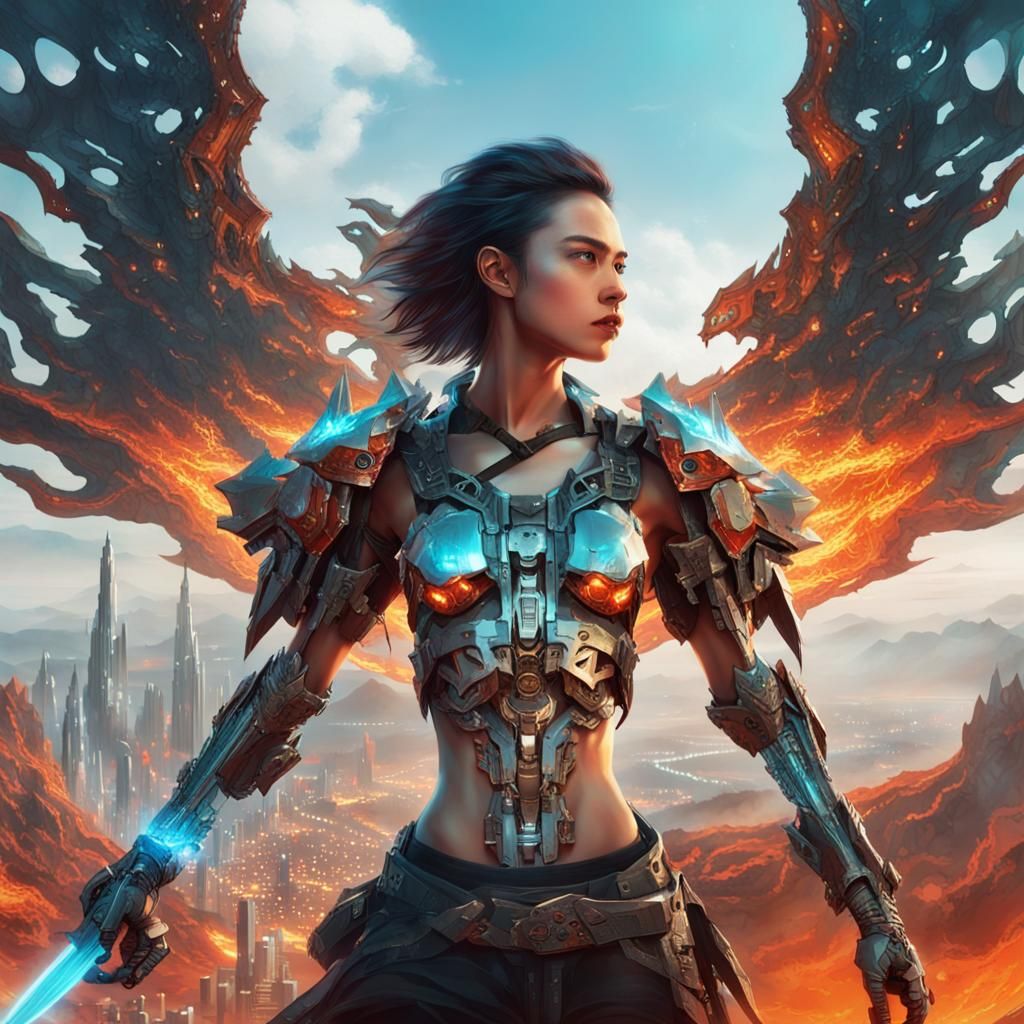 Cyborg Angel with Fiery Sword in Cyberpunk City