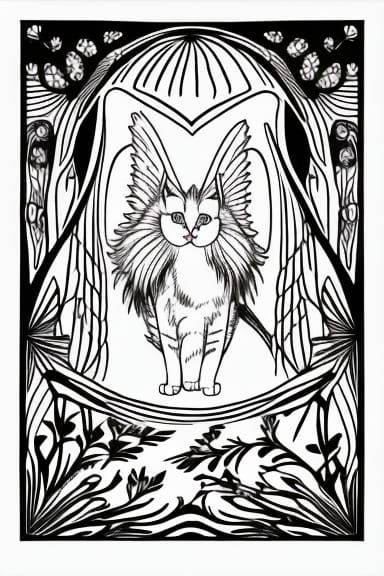 Angel Winged Cat in Flower Garden: Pop Art Line Drawing