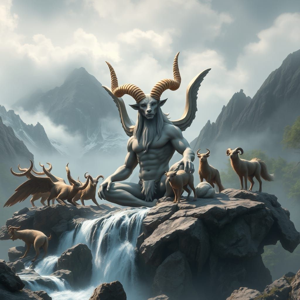 Mystical Ram-Headed Deity in Anime Style