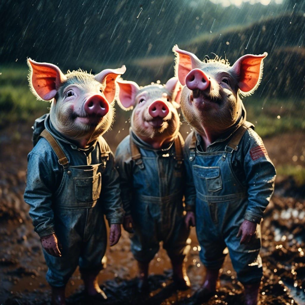 Pigs in Overalls Caught in Rainy Impressionist Landscape
