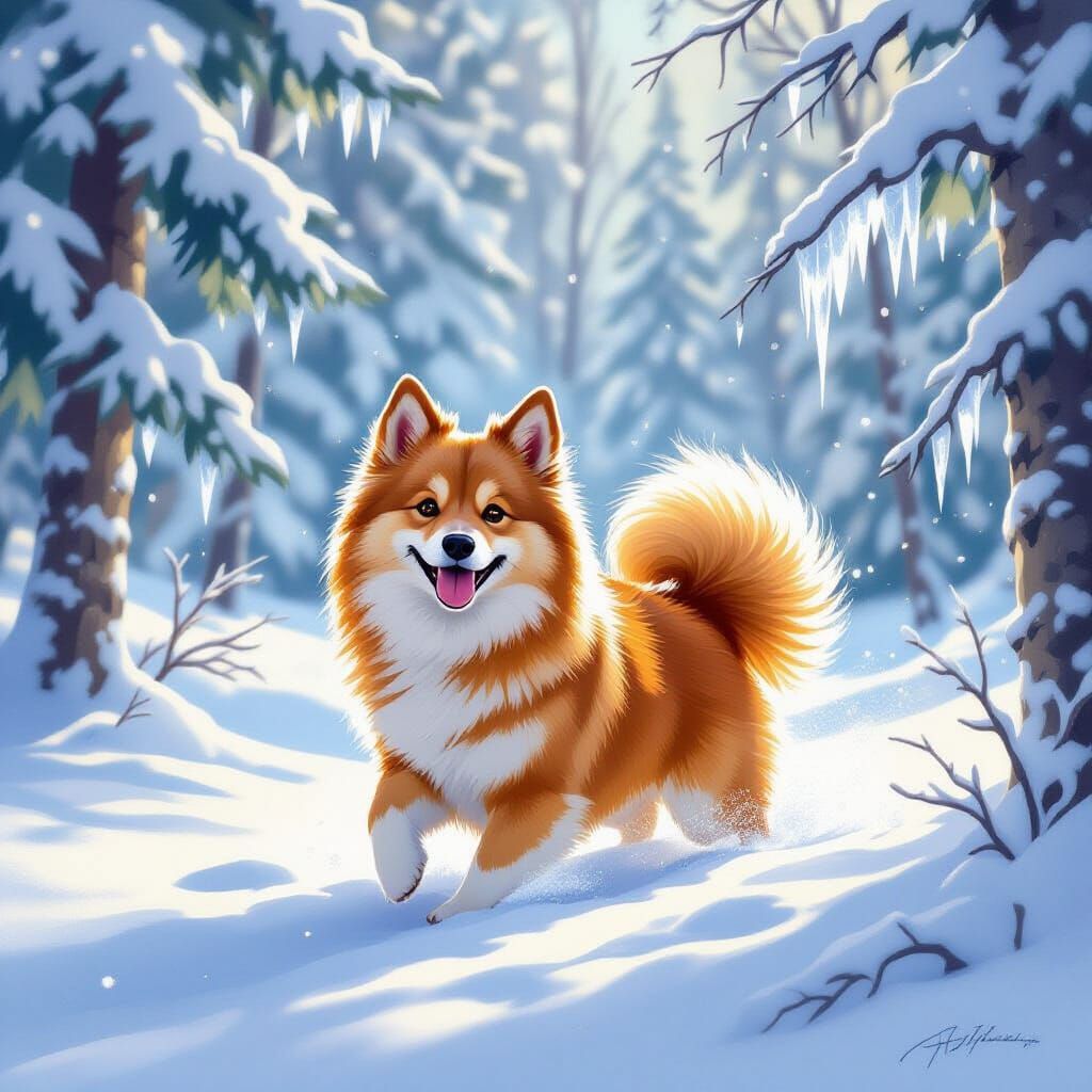 Joyful Finnish Spitz in Fairytale Winter Forest