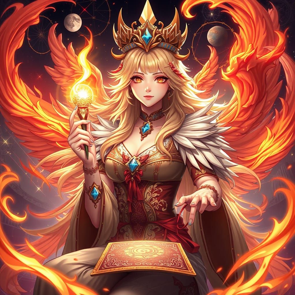 Regal Tarot Reader with Fire and Gemstones in 3D Anime Art