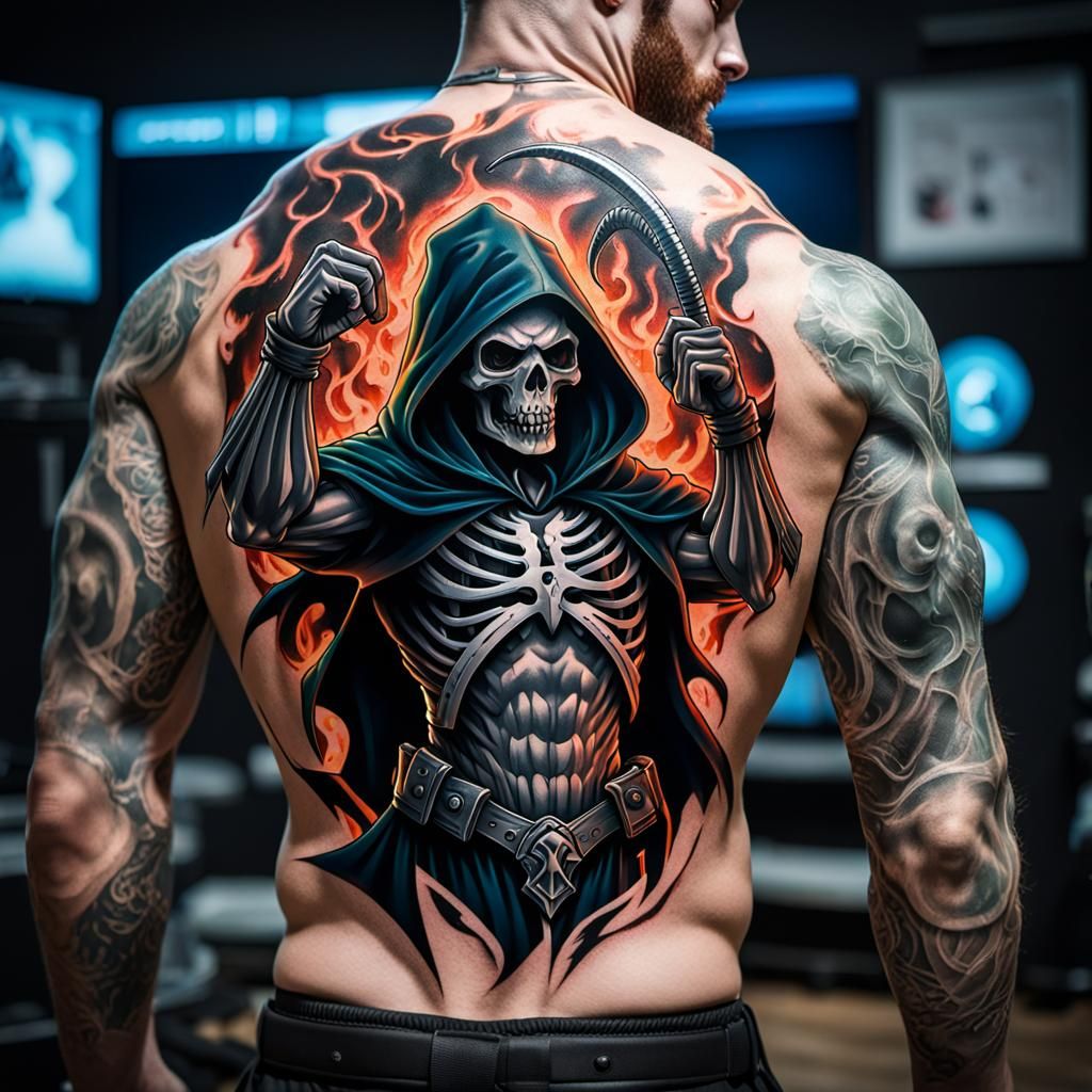 3D tattoo on wrestlers back of grim reaper swinging sickle r...