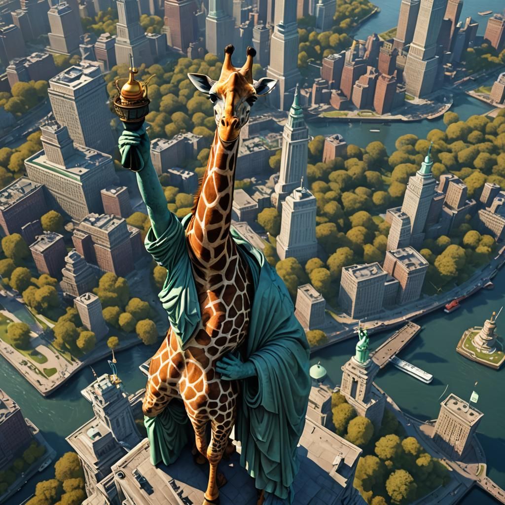 Giraffe Balances on Statue of Liberty: Fantasy Art