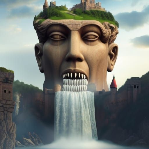 Surreal Landscape: Giant Head Statue with Castle