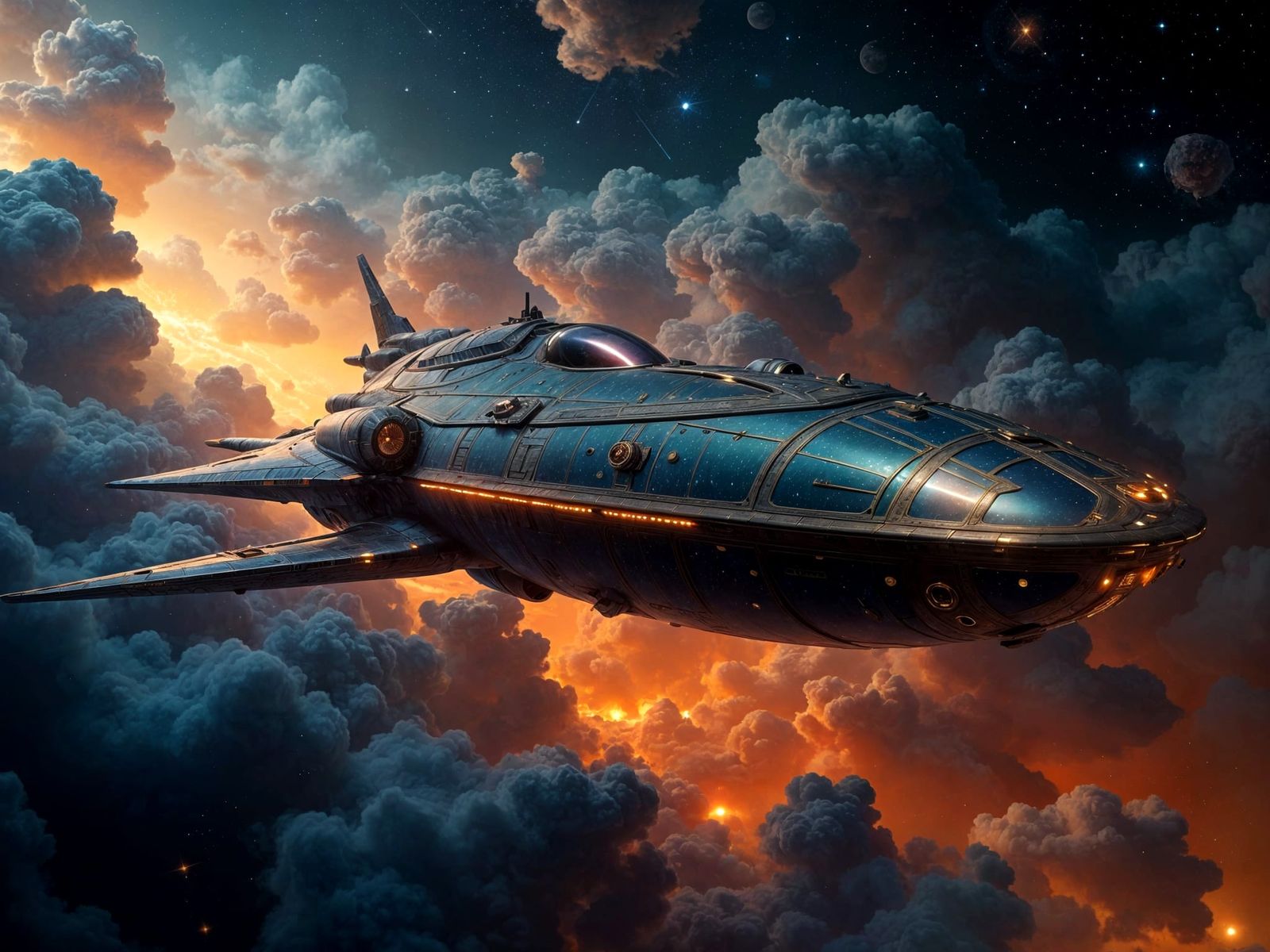 Sandarian Spacecraft Glides Through Nebula: Digital Painting