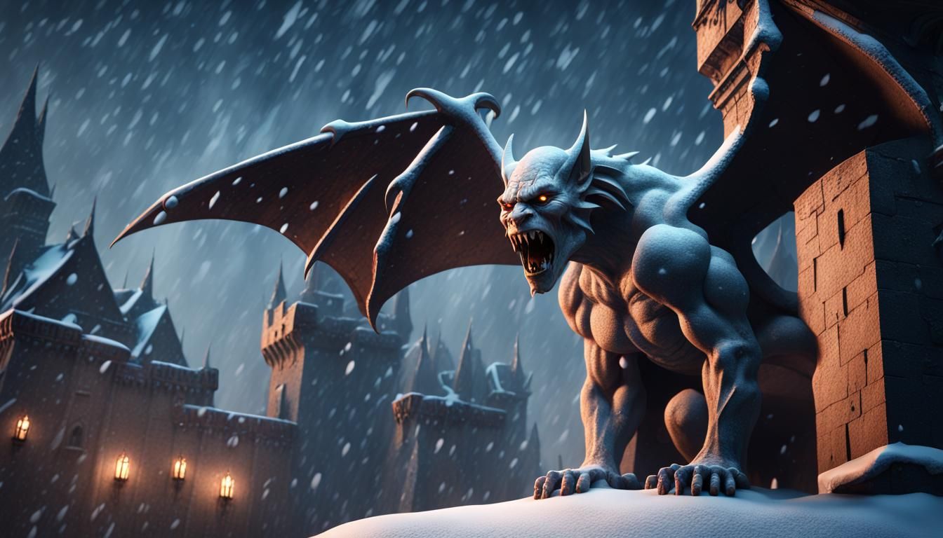 Hyper Realistic Gargoyles on Castle in Snow