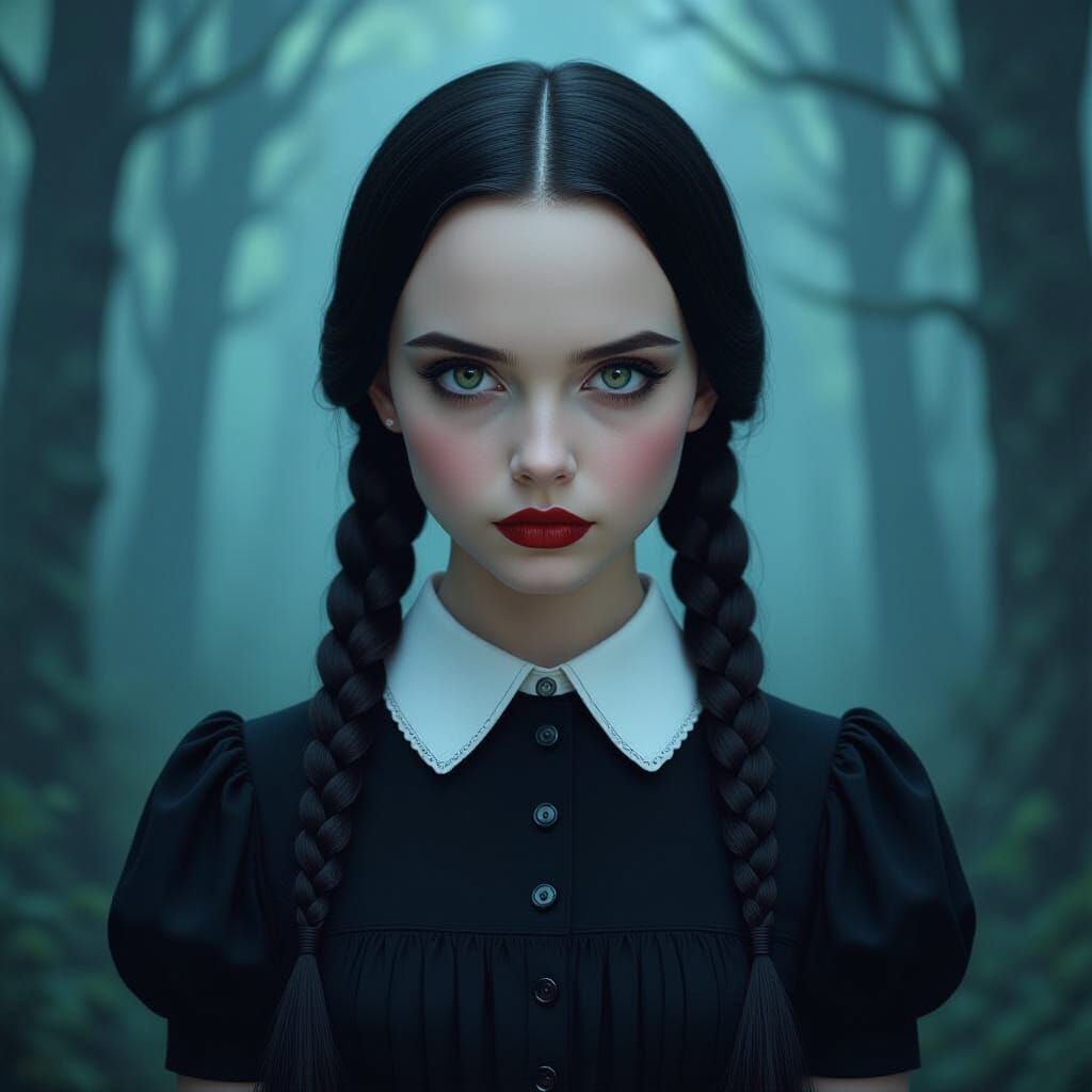 Eerie Wednesday Addams in Mystical Forest, in Realism Style
